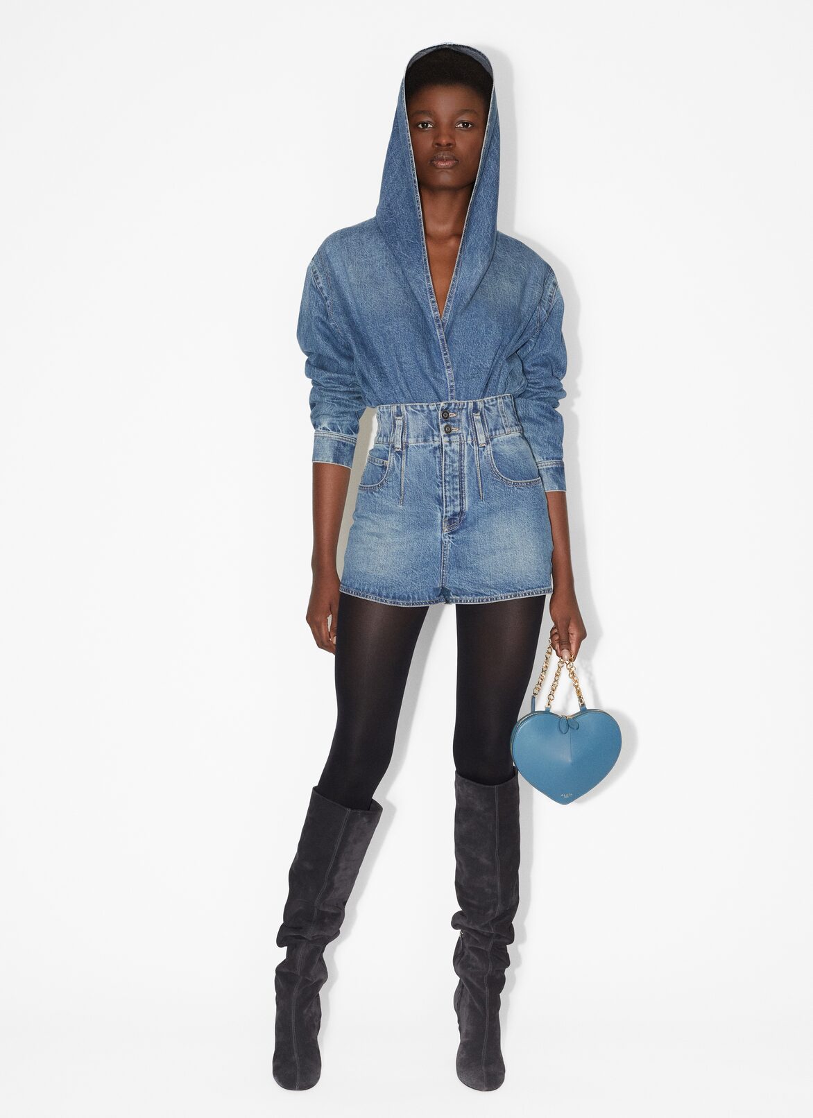 Body en denim à capuche ALAÏA BODY EN DENIM À CAPUCHE BLEU